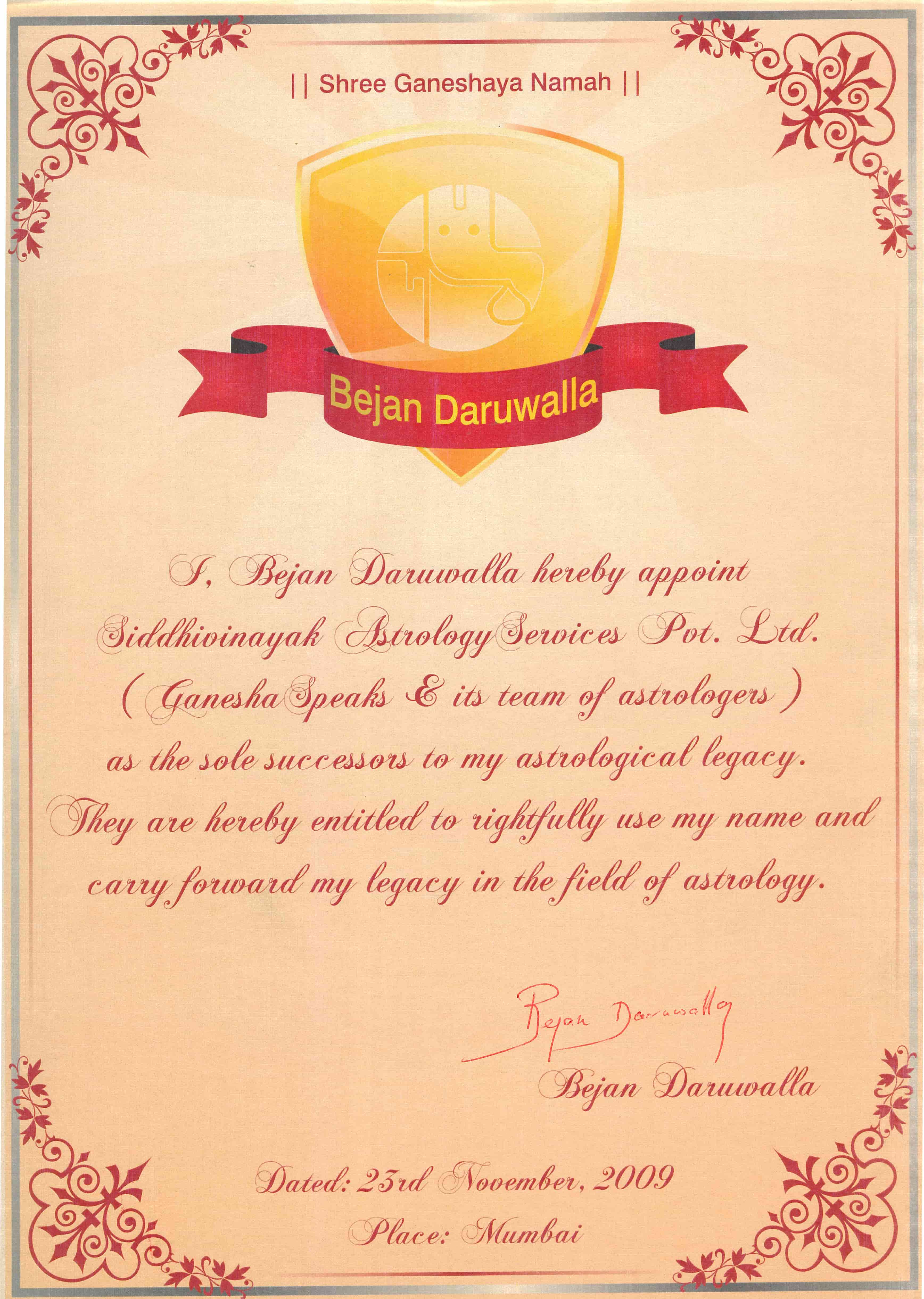 Bejan Daruwalla Certificate